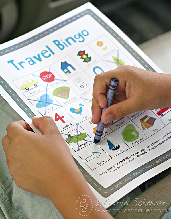 Use printable Travel Bingo to entertain younger children on road trips. Free from MeanderAndCoast.com