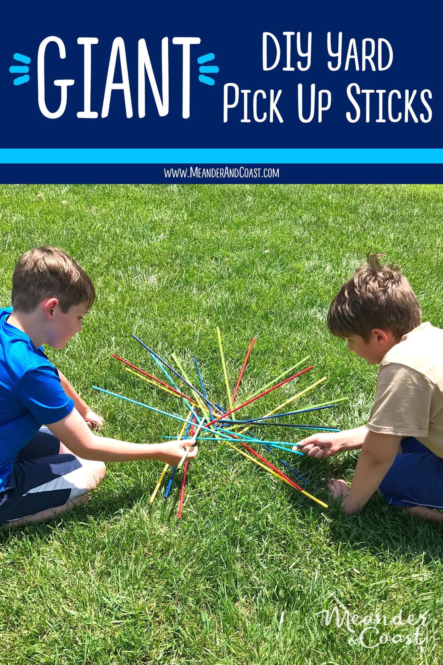 These would be perfect to take camping this summer! Make a giant yard game of pick up sticks. Quick and easy craft. | Meander & Coast #giantgame #pickupsticks #oversizedgame #giantyardgames #bigyardgame #campinggames